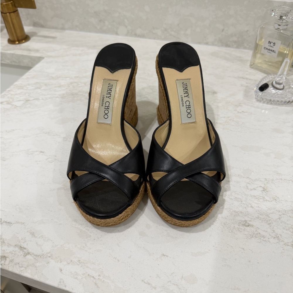 Jimmy Choo Black Leather Wedges